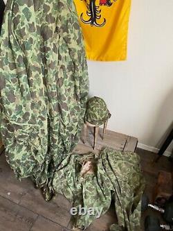 U. S Marine Corp. Camouflaged set WW11 Original Tent Trousers, Tunic Helmet