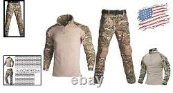 Costume militaire tactique pour homme avec chemise de combat, pantalon et genouillères camo