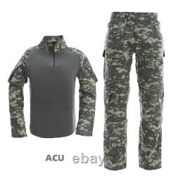Ensemble de vêtements uniformes tactiques de camouflage avec chemise, pantalon, genouillères et tenue extérieure.